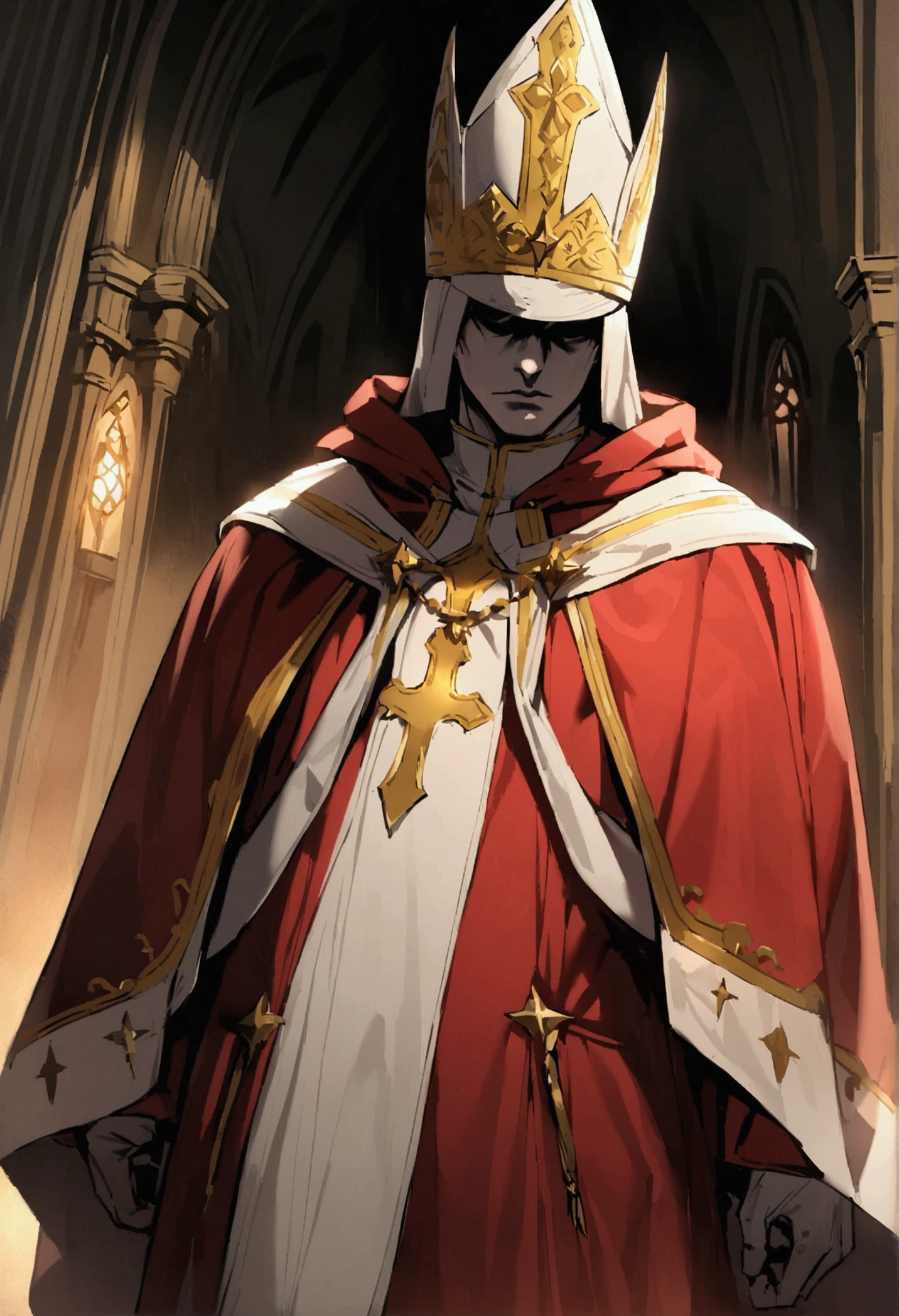 A man in a red tunic with gold details on his papal robe, he wears a cleric's hat and a scary golden marker, dark background of a church