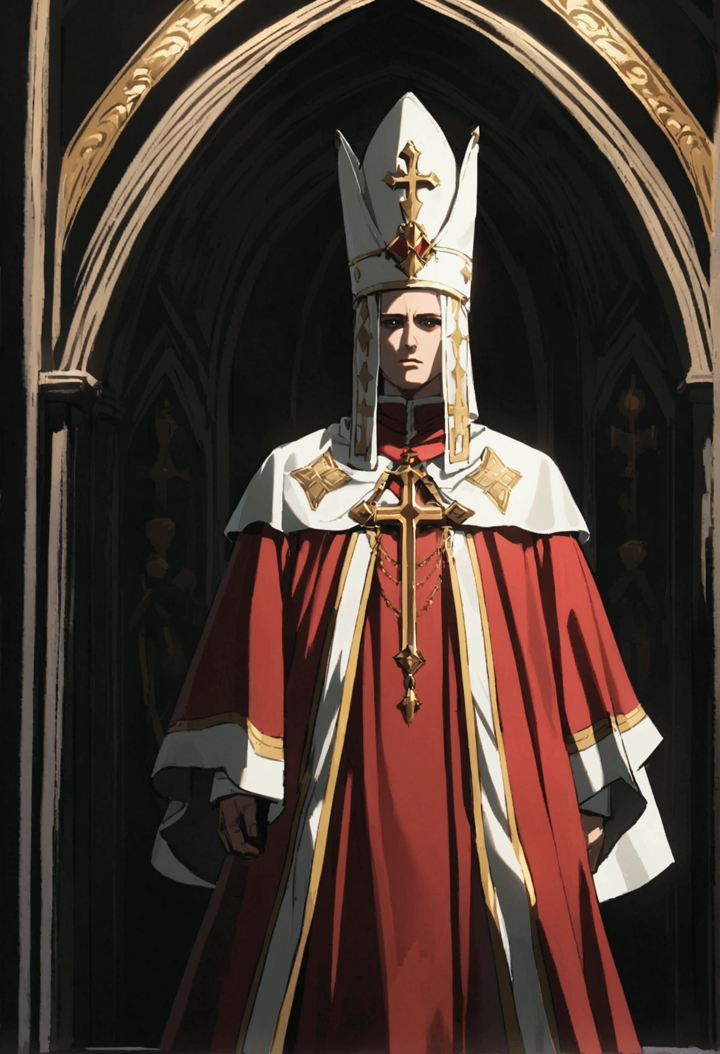 A man in a red tunic with gold details on his papal robe, he wears a cleric's hat and a scary golden marker, dark background of a church