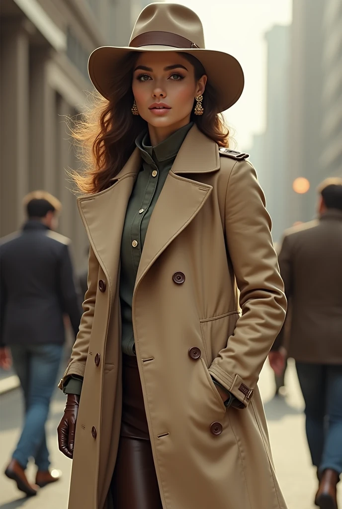 Woman from the 70s in beige Trenchcoat, Boots, gloves, hat, and ear rings