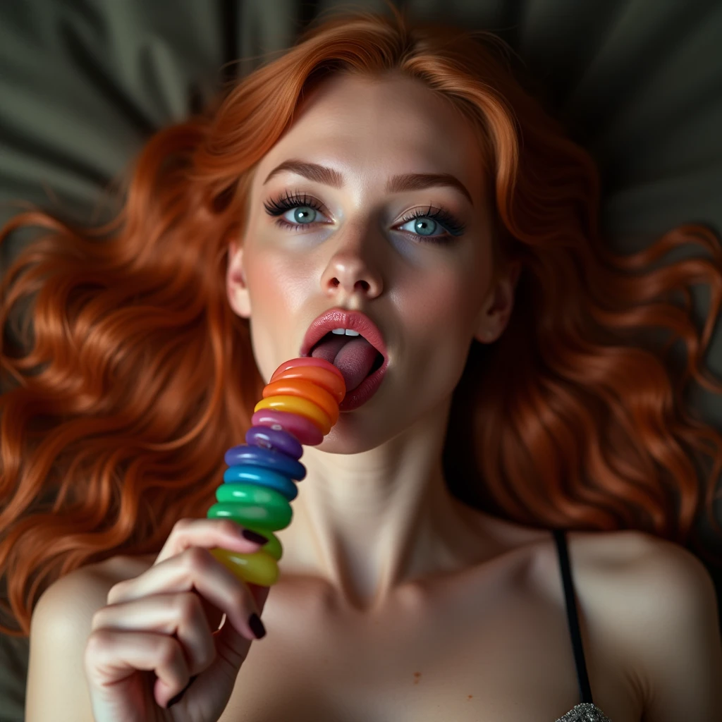 (full body shot:1) photorealistic image of a (laying pose:1) woman, ultrarealistic, photography, long red hair, woman, 24 years old, hourglass figure, perfect body, Flirty look, natural medium breasts, blur background, her wet tongue licking a thick and long rainbow-coloured spiral lollipop, a little bit of saliva is dripping from her tongue, seductive look, long eyelashes, cat-eye make-up