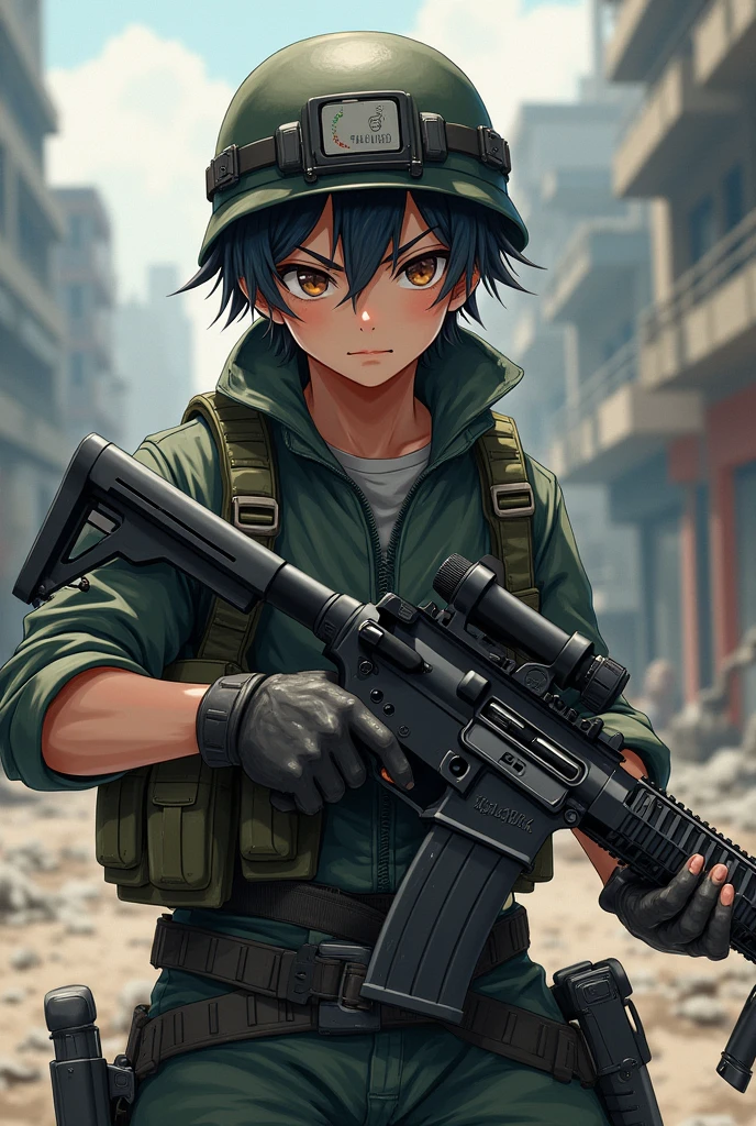 Create anime boy pic wearing a level 3 pubg helmet, holding m416 assault rifle and a sniper