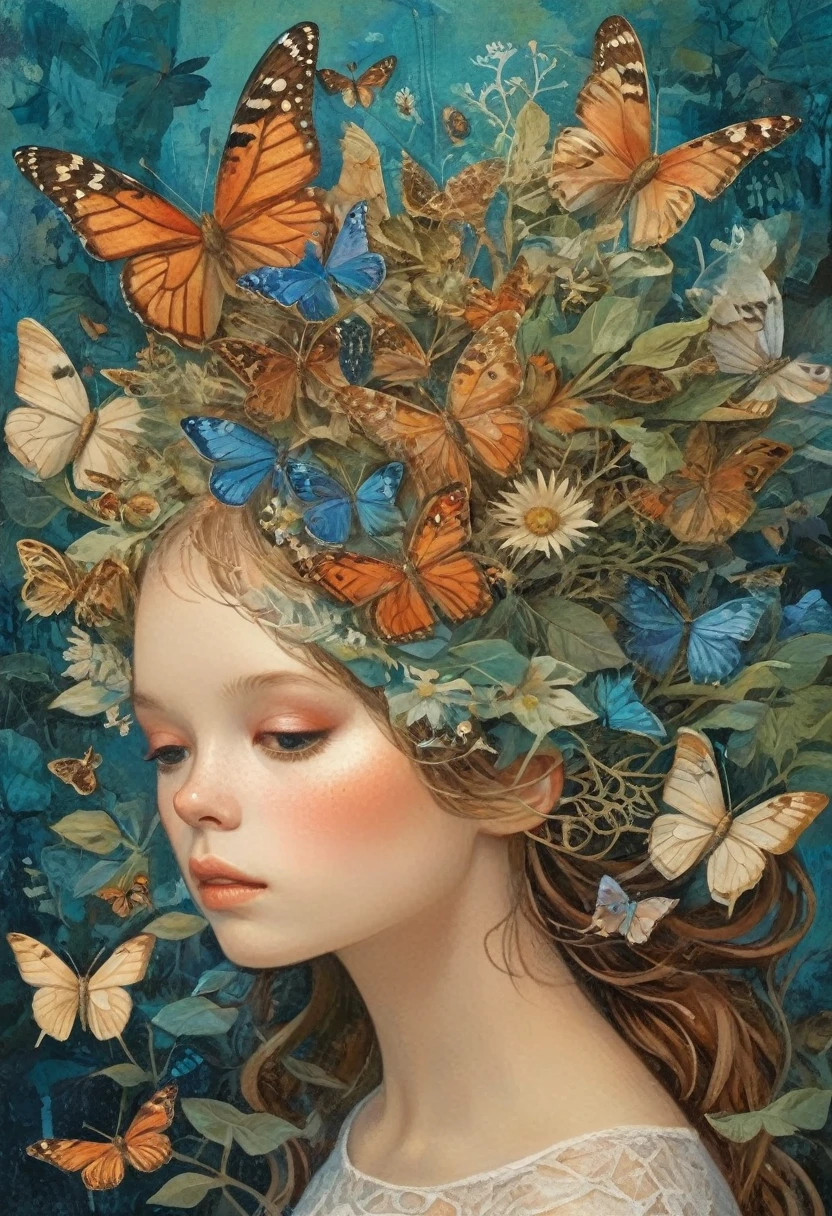 Oil painting of a woman wearing a butterfly mask on her head, Jonathan Young Painting, Adriano Borda, A moth is crawling on my face., 점토 형태의 mixed media, Intricate oil paintings, Shin Jin-hye, mixed media, supervision: Ishak Holtz, Half girl half butterfly, Made from dried flowers, Highly conceptualized figurative art, Portrait of a Fairy