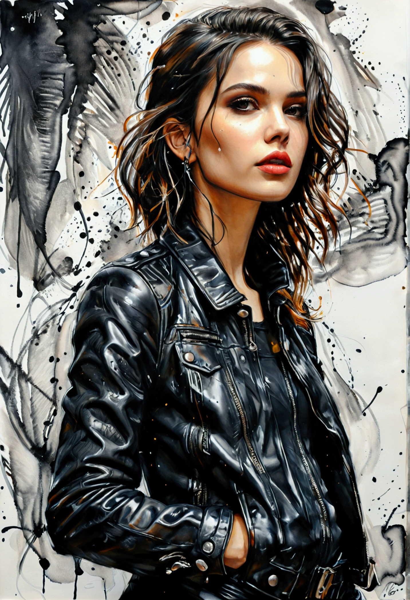 wear Black Leather Jacket, Ink drawing art style, bold lines, expressive strokes, high contrast, intricate details, dynamic compositions, versatile medium, professional-grade finish, classic aesthetic, adds depth and texture, timeless elegance, full body, (best quality, masterpiece, photorealistic), very aesthetic, perfect composition, intricate details, ultra-detailed, vivid colors