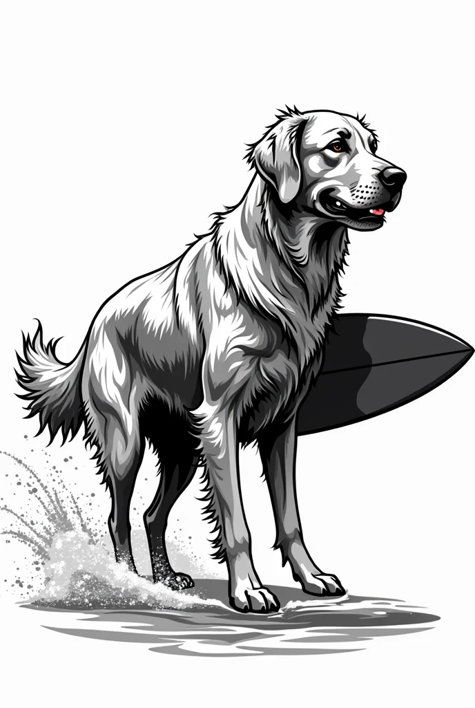 Golden Retriever with a surfboard in hand created in black vector