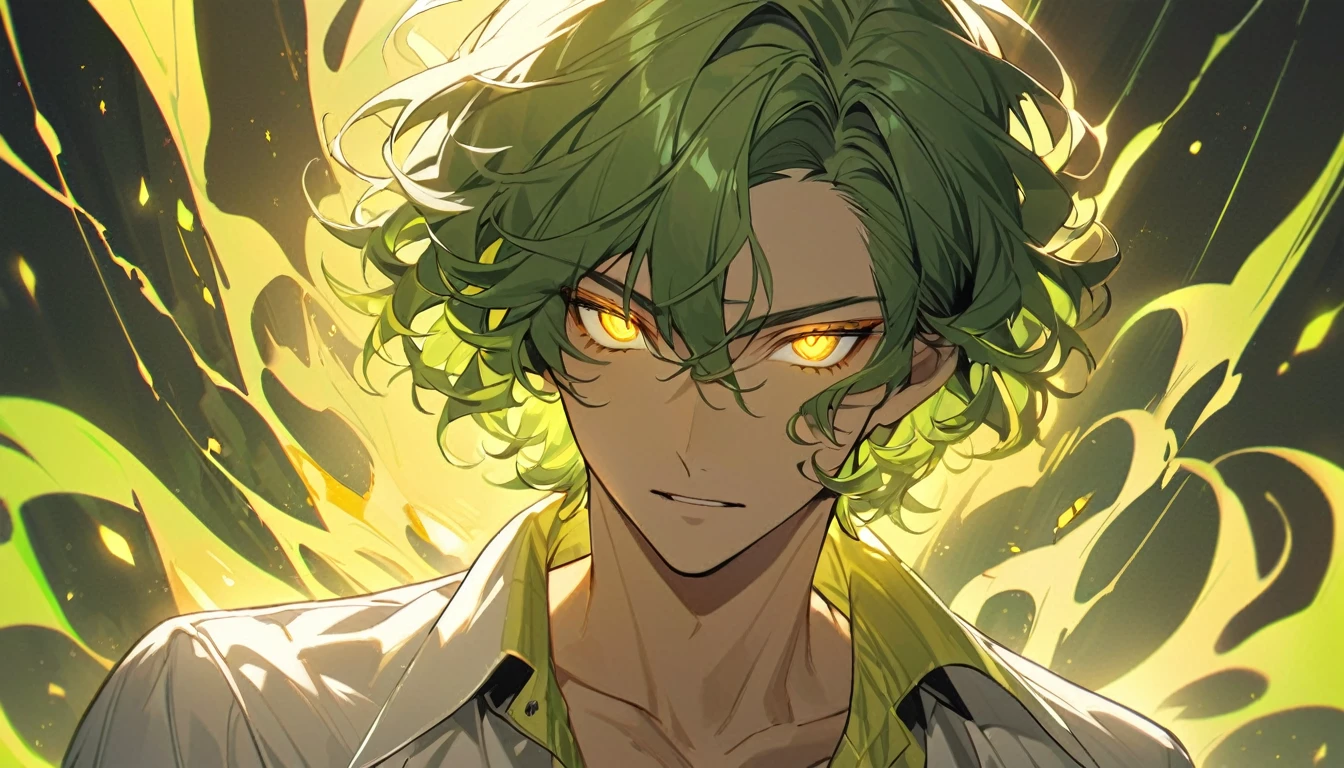 male, solo, handsome, yellow eyes, glowing eyes, short hair, green hair, curly hair, yellow aura, green aura, luxury shirt
