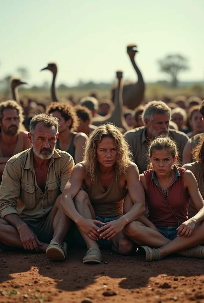 A crowded of Australian people sitting on the ground field because of the irritating emus birds destroying their farms in the back ultra realistic 