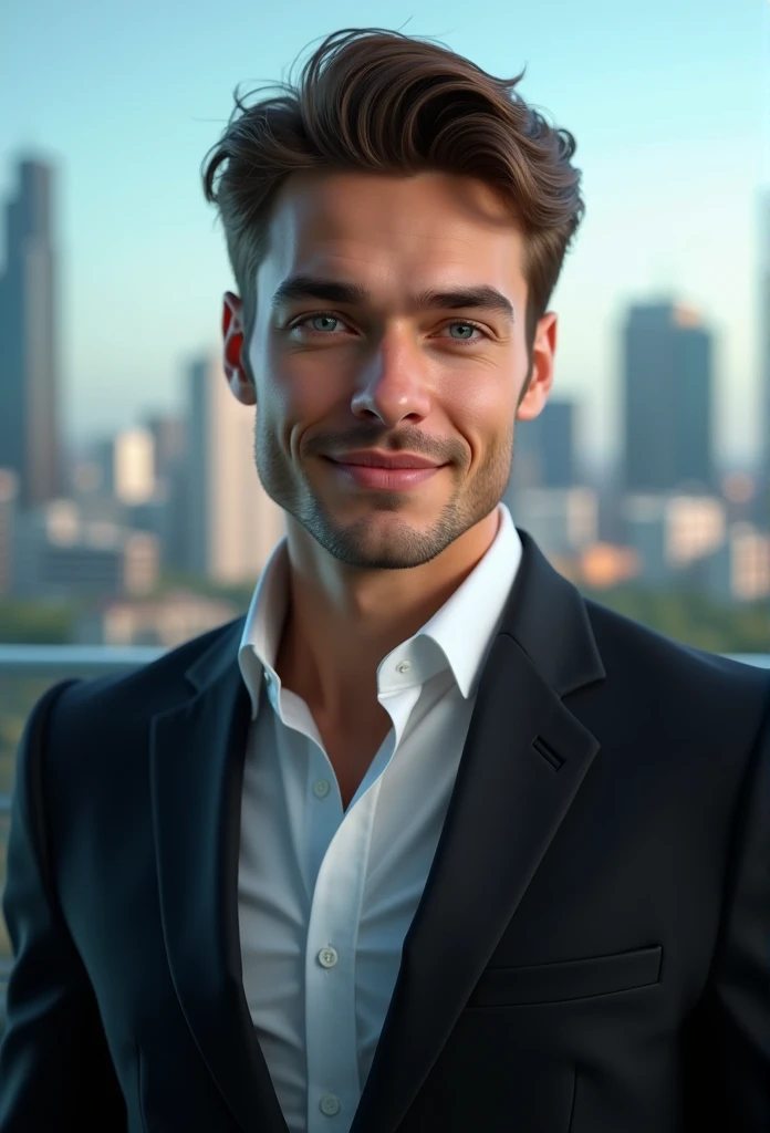 German young man,beautiful detailed blue eyes,Brown hair,black suit, White shirt, confident expression,sharp jawline,Vibrant skin,smiling,pretty face,standing,hole body,Cityscape,Professional studio lighting,realisti,photorealisti:1.37,Vivid colors,cooler Ton,Soft lighting