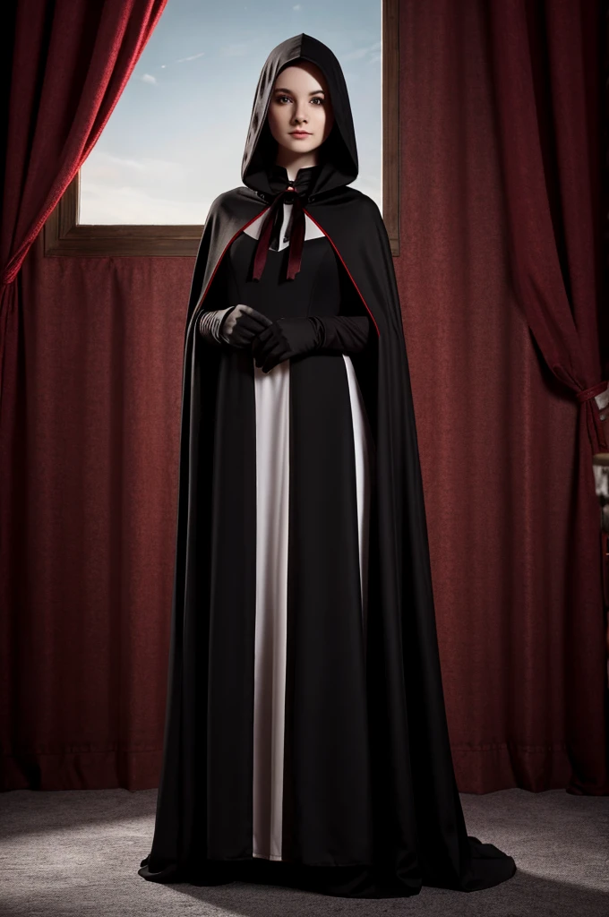 16k, best quality, extremely detailed, ultra quality, ultra highres, masterpiece, beautiful, Raw Photo, beautiful girl, girl dressed in a vampire costume with a red vest and black cape, with cape, high quality costume, wearing black clothes and cape, black cloak from neck to ankles, large cape, vampire, long cape, with a long black cape, dark cape, long cloak, cloak with hood, full body with costume, pale skin