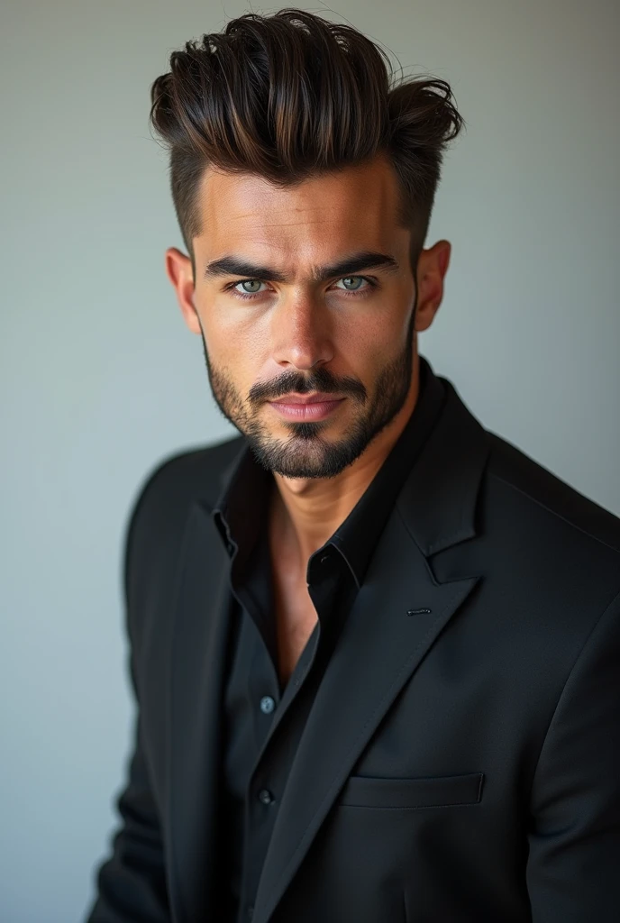 A handsome grey eyes handsome man, with a nice beard and nice hairstyle, in a photoshoot,  nice body, in a good magazine pose, 