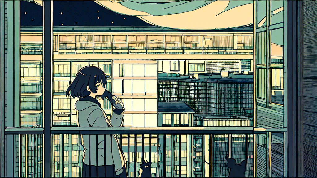 Ultra Wide Angle, Drinking hot coffee while listening to jazz music on headphones, Watching the night sky from the balcony, alone, Lofty Girl, Lo-fi art style, Lofty Girl aesthetic, By Ghailan, Anime aesthetics, relaxed mood, Lo-fi illustration style、Black cat、Night view、Beauty