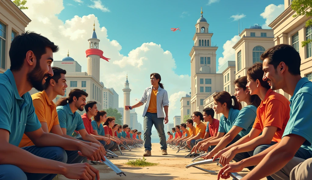 **Inspirational Call to Action**: A motivational scene showing diverse groups of people working together on community projects or social initiatives, emphasizing the collective effort to improve the nation and uphold the values of justice and equality.in Dall e-3 style