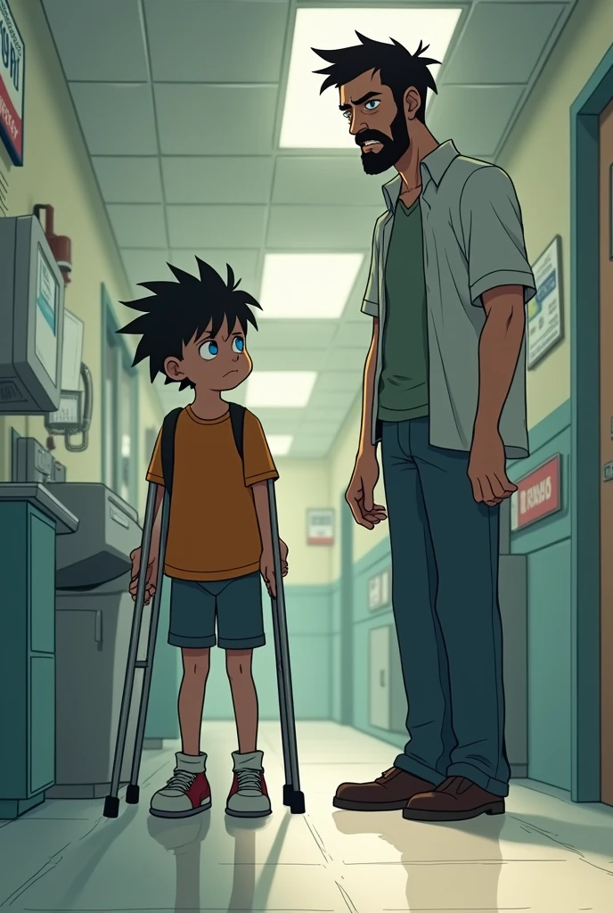 A thin twelve year old boy. He is very nervous looking introvert, skinny and weak. Bad at sports also a coward. He had broke his leg and is walking on crutches his father was next to him silent and angry because he was coward and fool. The background is hospital. The father is not that old. The father is not old is of around 50 years old. The boy has broke his one leg on the leg it is plaster and that leg is in air and he is walking through crutches. The father is not on crutches. The father is not that old. Don't make it too animated. Don't make the hair of the boy like spike cut
