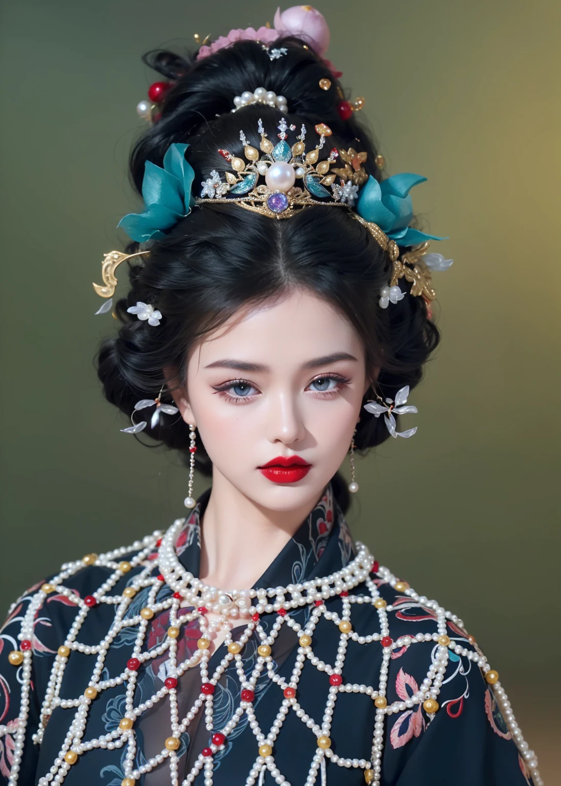 Royal princess,Extremely detailed, Delicate face, Stock Photography , Portrait 400, F1 Camera Lens.6, rich and colorful, Surrealism, Realistic textures, Dramatic Lighting, Thin Film Distiller 800 (8K, original photo, Better quality, masterpiece: 1.2), Extremely detailed, (Extremely delicate skin: 1.2), 8K ultra high definition, SLR camera, Soft Light, high quality.Fire Queen,Blue pupils,Wear red lipstick,Have a tattoo,The tattoo is very three-dimensional,Gorgeous and intricate tattoo designs,Dark eyeshadow,Sexy thick lips(Red lipstick),Gorgeous pearl and gemstone decoration,