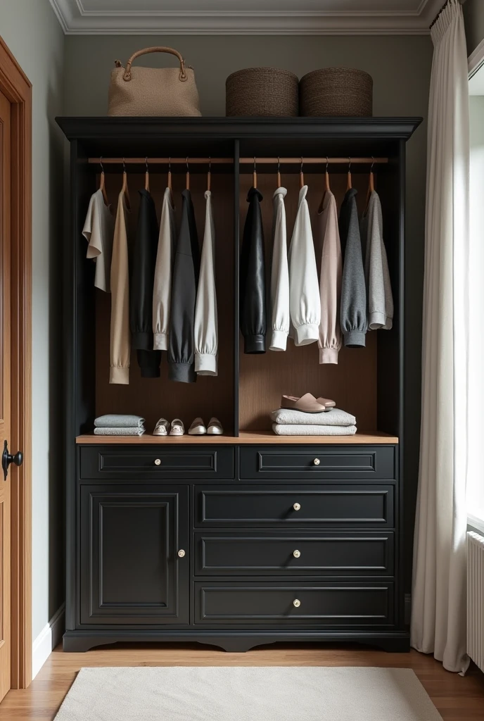Make me a closet with a black and white cabinet. On top, place an open clothes rack with no wood on any side with clothes spread out.. Colonial and classic style between black and wood color.