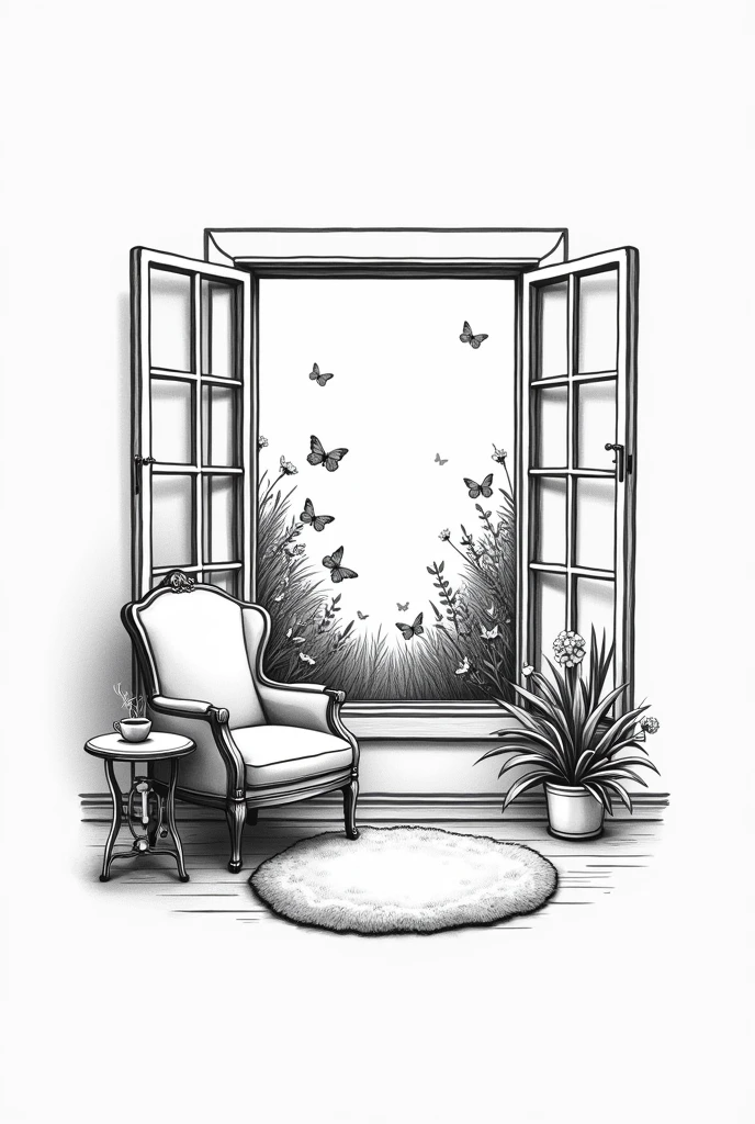 Create a minimalist black and white tattoo illustration of an open vintage window with a flower garden with butterflies outside and an armchair with a rug and a side table holding a cup of hot coffee inside