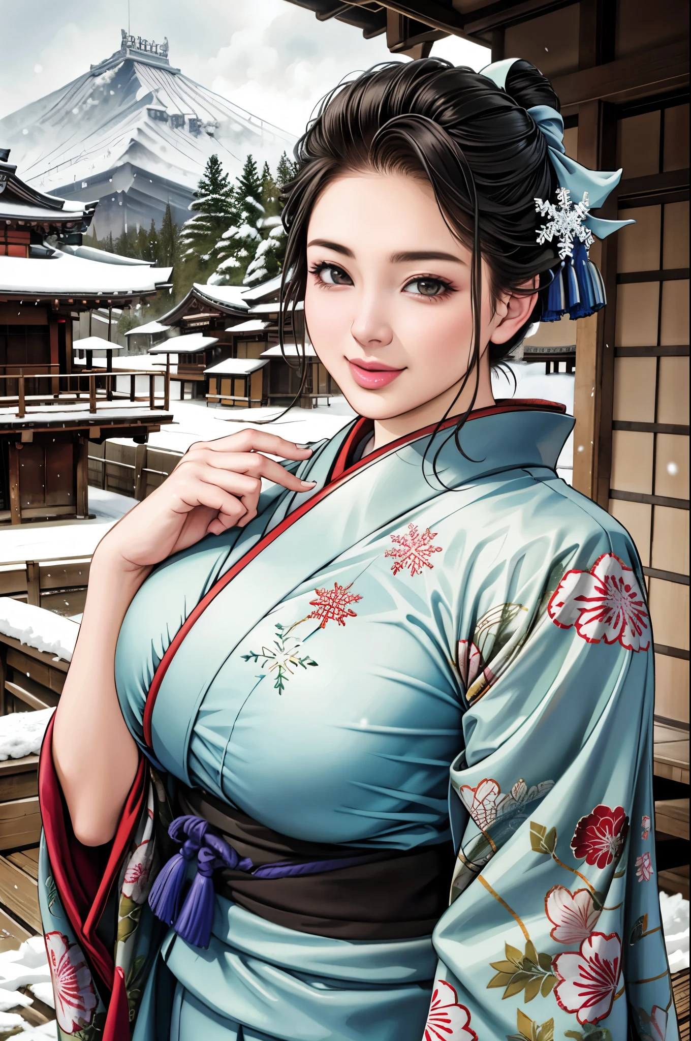 (Browsing Caution), (RAW Photos), (Realistic), (Photorealistic), Ultra-high resolution, masterpiece, Highest quality, Portraiture, facial Portraiture, Perfect lighting, Detailed lighting, Dramatic Shadows, Ray Tracing, Pure Eros Face_v1, Urzan-6500-v1.1, ((gentle smile)), ((upper body:1.2)), ((random sexy pose)), looking at viewer, ((wearing a kimono)), ((in old Japanese shinto)), ((background with snow:1.2)), ((blizzard:1.2)), ((snowflake:1.2)),