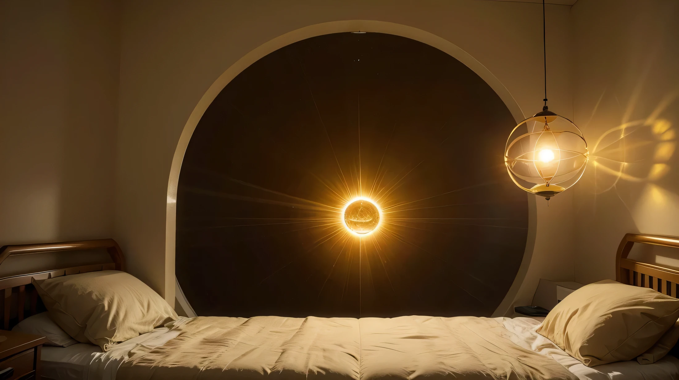 radiant golden sphere of light floating in front of the bed, solar energy all around lighting up the entire hospital room, Buddha coming out of the portal of light in the sphere, realistic light