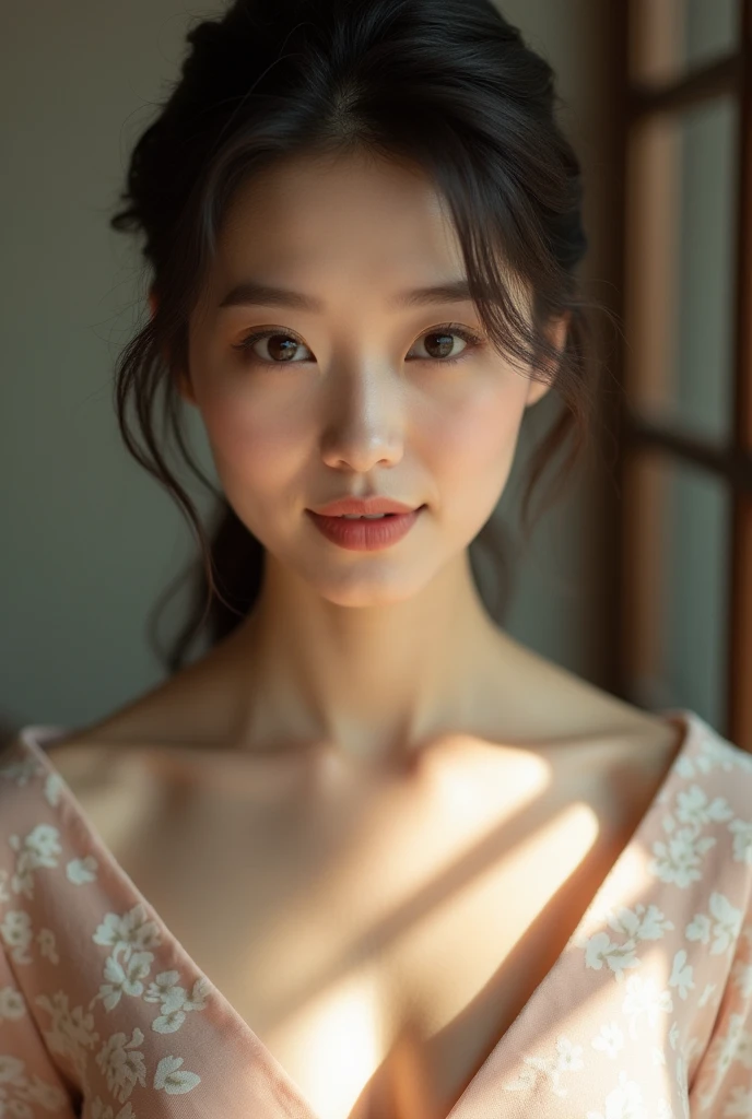 An elegantly dressed Japanese woman in natural light、A close-up of her chest and calm expression.、It shows her inner peace and outer charm.。