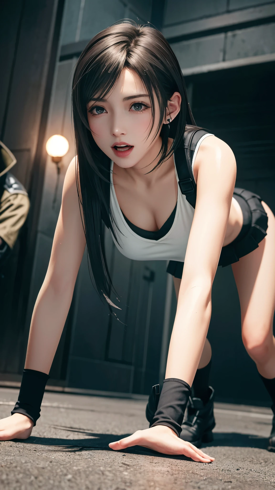 {Top Quality, Masterpiece}, {{{Realistic}}}, Wallpapers, ultra high res, ultra high quality, BREAK {{{FF7,Tifa_lockhart,solo}}},{face focus:1.1},{on all fours}, {Light Brown Hair, Large breasts},{torn Tifa_lockhart uniform:1.3, suspenders, low rise, torn mini skirt,torn tank top}, {torn clothed:1.3}, wet hair, about 18 years old, (no bra),(no panties), sensual, looking away:1.2, {{{approaching fear, scream, pain}}}, {overflowing tears:1.3}, open mouth:1.1, wet body:1.3, BREAK {{{A dark, barely lit torture chamber, wet, night}}}, (Surrounded by monsters :1.3, humiliated by monsters :1.3), (background is crowd of monsters :1.5), (5 monsters ), (Tifa_lockhart,cornered), (being chased, run away), monsters attaking:1.3, 