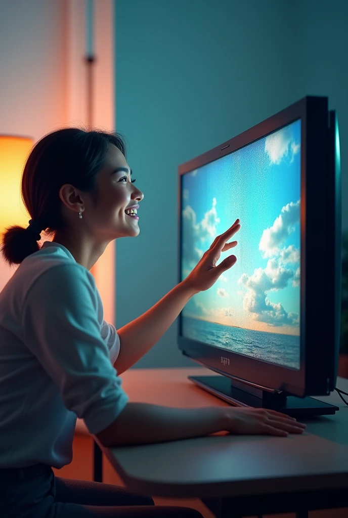 An image that combines the speed of the internet with entertainment and the idea of a "second chance", like a person smiling while watching their TV with a fast connection, with one hand erasing a blackboard representing debt, and a background that symbolizes a new stage or a new beginning.