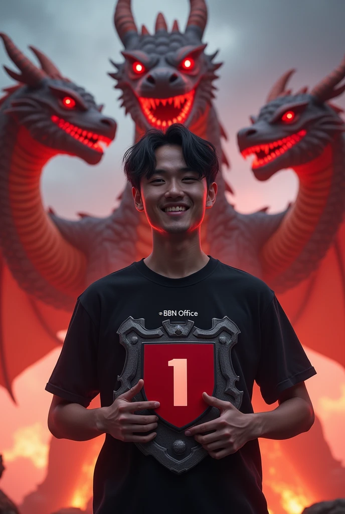 A 27-year-old man with black hair, wearing a black round-necked shirt with a BBN Office design, holding a 1 million subscriber YouTube shield, and behind him is a three-headed dragon looking at him with red eyes.