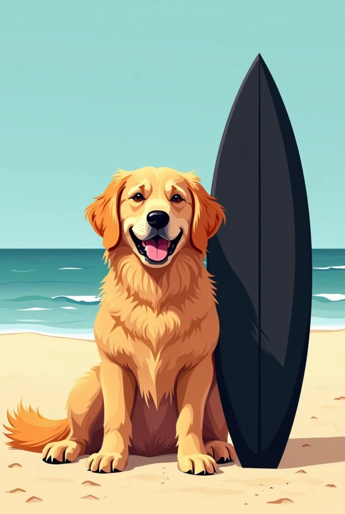 Furry Golden Retriever on the beach sand with a surfboard next to it in black vector