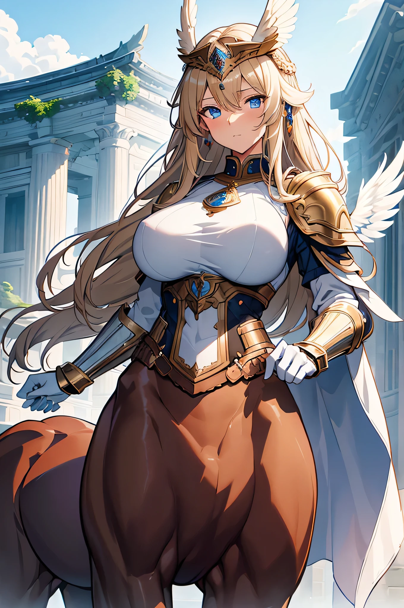 4K,High resolution,One Woman,centaur,Blonde,long hair,Blue Eyes,Big Breasts,Brown fur,Valkyrie,White sacred armor,Full Armor,White gloves,Winged headgear,Jewelry decoration,Holy Sword,Temple in the Sky
