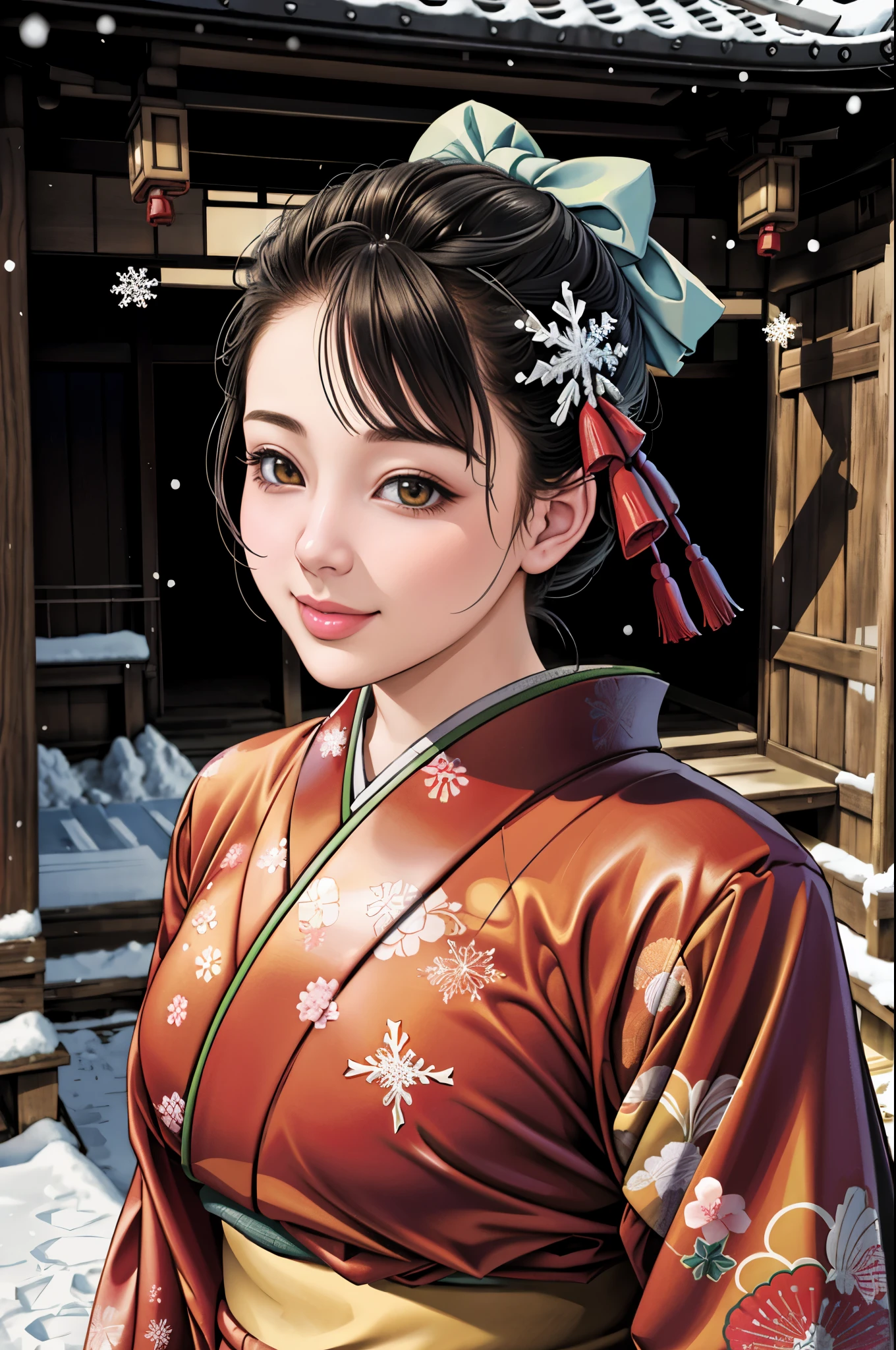 (Browsing Caution), (RAW Photos), (Realistic), (Photorealistic), Ultra-high resolution, masterpiece, Highest quality, Portraiture, facial Portraiture, Perfect lighting, Detailed lighting, Dramatic Shadows, Ray Tracing, Pure Eros Face_v1, Urzan-6500-v1.1, ((gentle smile)), ((upper body:1.2)), ((random sexy pose)), looking at viewer, ((wearing a kimono)), ((in old Japanese shinto)), ((background with snow:1.2)), ((blizzard:1.2)), ((snowflake:1.2)),