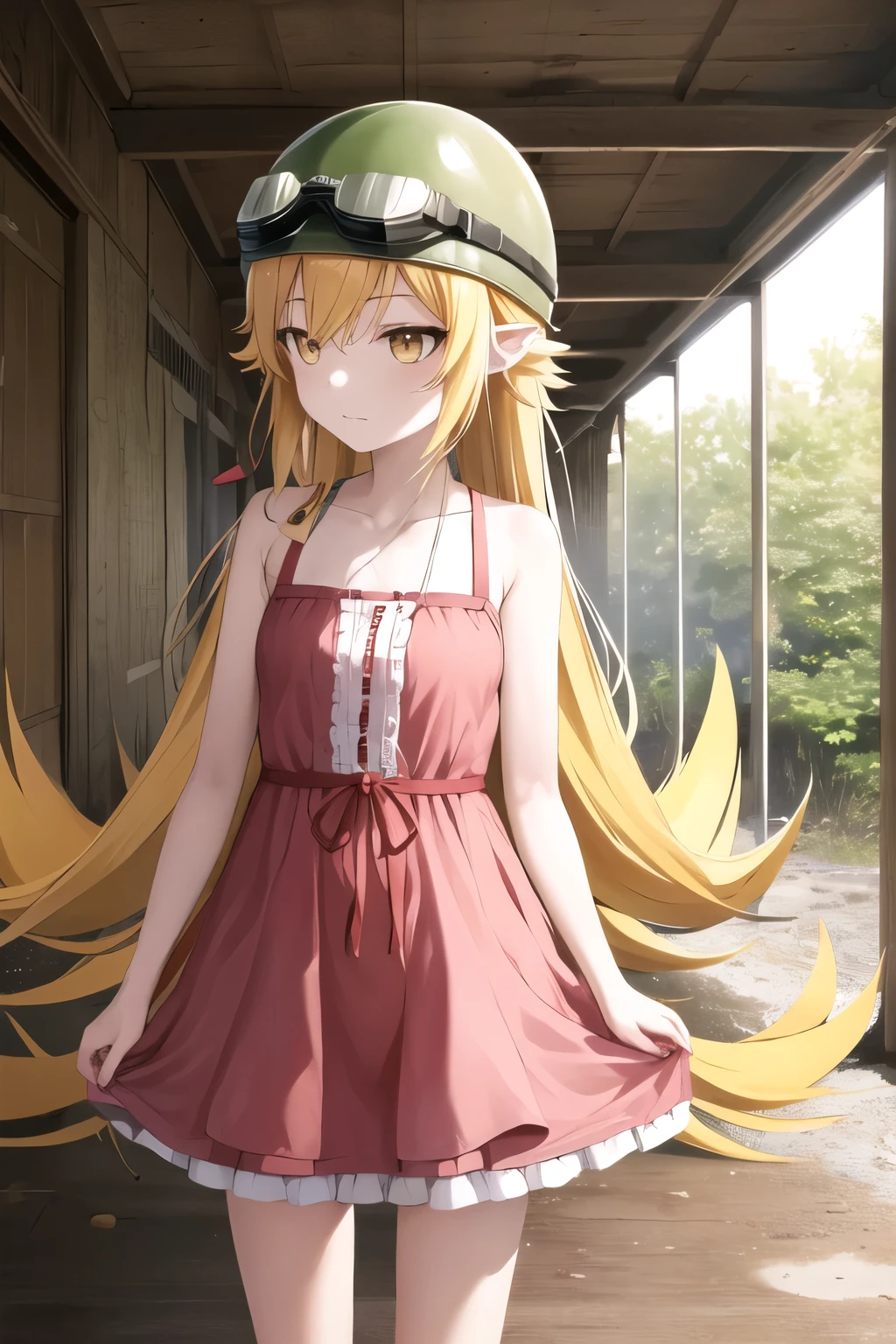 masterpiece, Highest quality, High resolution, Aashinobu, Dilapidated, Long Hair, Helmet, Put goggles on your hat, Pointed Ears, Pink Dress, Expressionless, Are standing, Cowboy Shot, Remains, indoor,