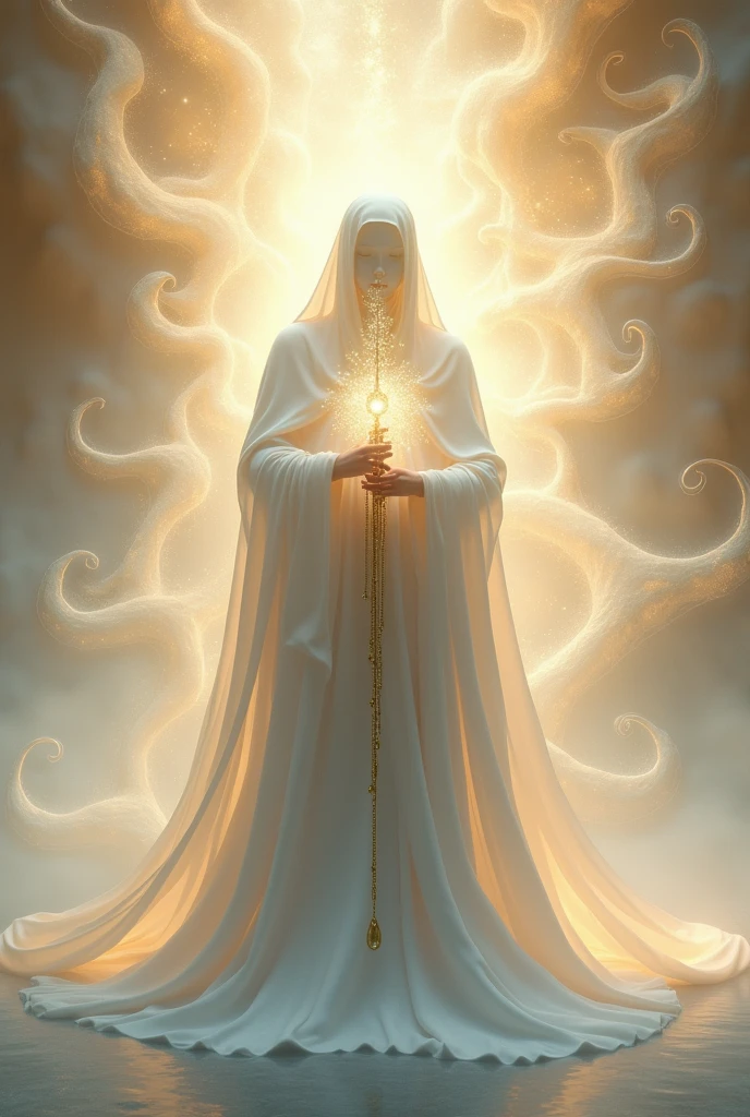 (highly realistic) (work of art) (4k image quality) (hyper detailed) (beautiful perfect face)(fot)
"Create an ethereal, luminous scene set in the fifth dimension, featuring a wise fractal being that radiates light. The being is wrapped in a fluid white cloak that covers its entire body, symbolizing purity and wisdom. In your hands, he holds a shining staff, symbol of ancient knowledge and power. The background is filled with soft, luminous fractal patterns that evoke a sense of harmony and enlightenment.. The atmosphere must be serene, with a warm and welcoming light that conveys a message of peace, spiritual ascension and elevation."