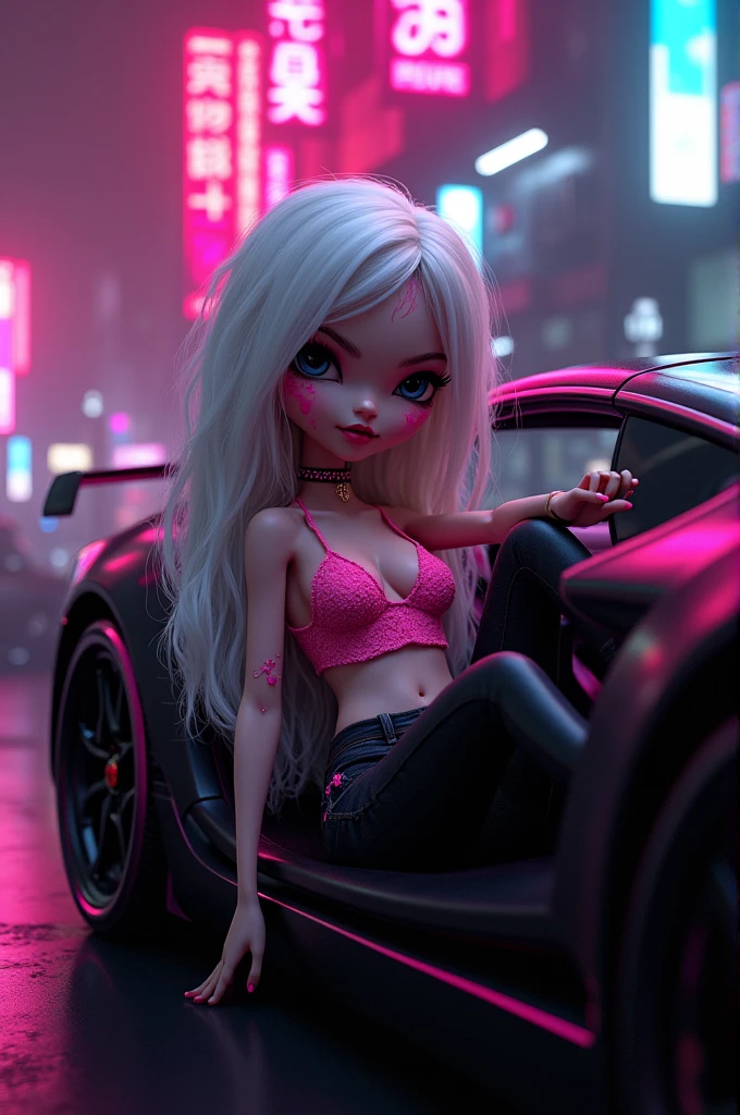 Imagine a scene where a Pixar Cartoon doll,Dark style stands out in a vibrant environment. has white hair , Big eyes accentuated with dark makeup and pink eyeliner. Her nails are pink and her face has neon pink cracks that stand out in the dark.. She wears a pink lace crop top paired with tight black jeans. She is sitting in a black sports car with pink details, surrounded by a black environment with lighting "glow" which intensifies the futuristic and enigmatic atmosphere.