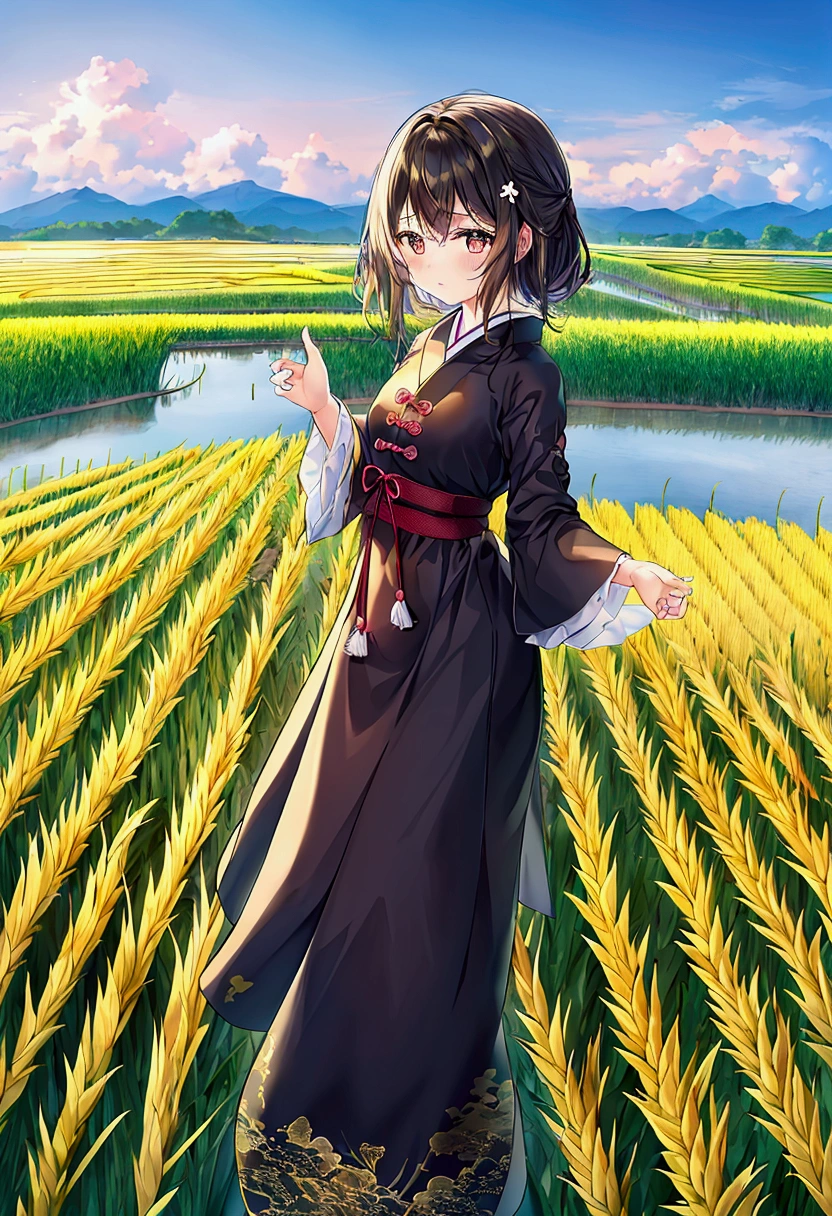 Japanese rice field golden colour, Canvas Illustration，Etienne Adolphe Piaud, Etienne Adolphe Piot，English Pre-Raphaelite painter，Pre-Raphaelite Brotherhood, ink style, masterpiece, fantasy garden，Aesthetic healing，moon，star，Beautiful and poetic，Minimalism Flat Illustration，Jiangnan countryside in summer，When you walk into this rice field，It&#39;s like being in a surreal dream。What unfolds before your eyes is a vast rice field，Golden rice swaying in the wind，The sun shines on it，Let the whole rice field shine with warm light。Rows of colorful wildflowers grow at the edge of a rice field，They sway gently in the breeze，Like dancing gracefully。Standing on the edge of a rice field，You can see flocks of birds singing happily in the wheat fields.，Their chirping blends in with the melodious sound of the wind in the rice fields.，It forms a wonderful natural symphony。Occasionally a bird flies up，Cut through the sky，Leaving beautiful curves，It seems to depict an unparalleled picture of the sky.。There is a clear stream flowing through the rice fields.，the river is crystal clear，Reflecting the blue sky, white clouds and surrounding scenery，Like a living mirror。The river flows slowly，Makes the water sound sweet，It&#39;s like nature composed a beautiful music for them.，Dynamic，Hazy feeling，Layering，Has a stunning visual effect，Fascinating lighting，Bright and vivid colors，clair obscur，Flat，Minimalism，high quality，High Detail，HD，masterpiece，masterpiece，The painting style is meticulous，Refreshing colors，HD，in the style of Pre-Raphaelite Brotherhood