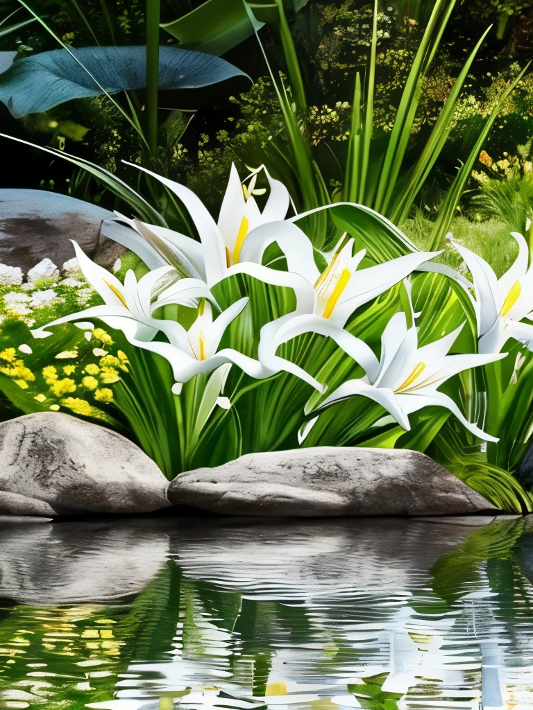 there are some white flowers in the water near some rocks, hymenocallis coronaria, spirited water plants, lily flowers, detailed white, white flowers, white lilies, flowers with very long petals, lillies, white flower, glowing veins of white, garis edelweiss, myth of narcissus, lily flower, aquatic plants, reflecting flower, david hardy