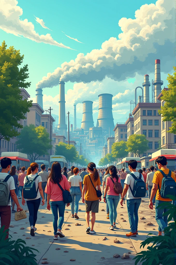 Cartoon graphic of environmental pollution with the negative impact on the population with the need to take preventive measures