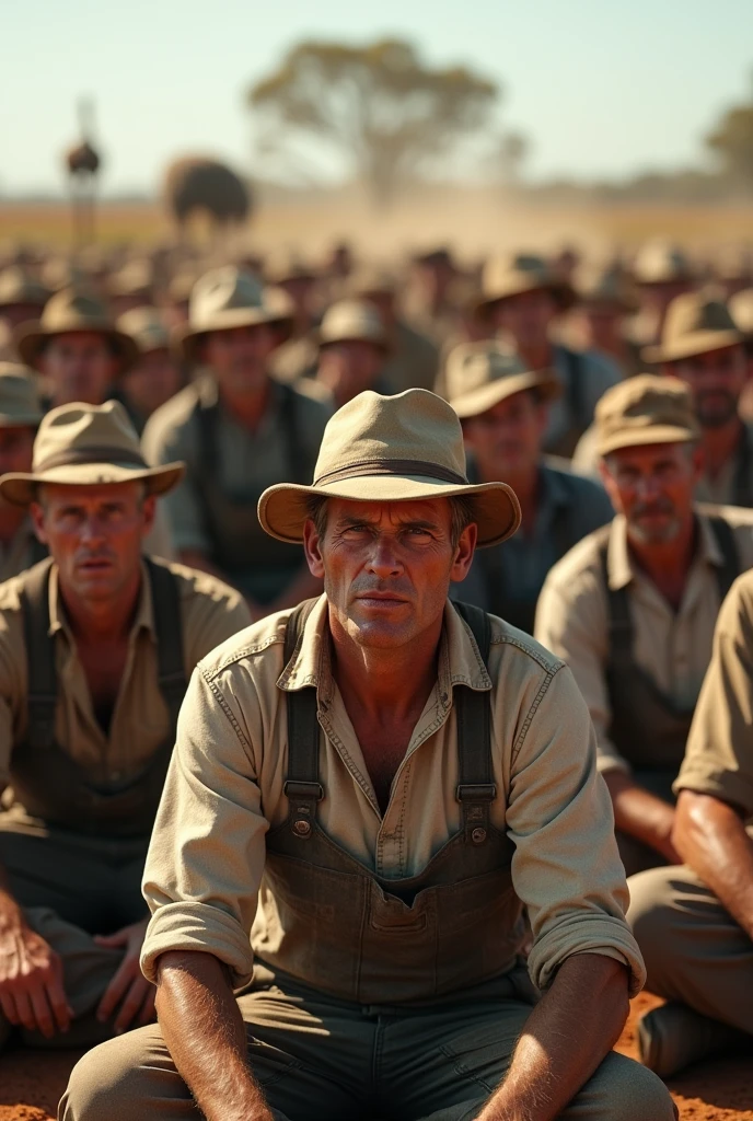A crowded of Australian frustrated people sitting on the ground field because of the irritating emus birds destroying their farms in the back ultra realistic 