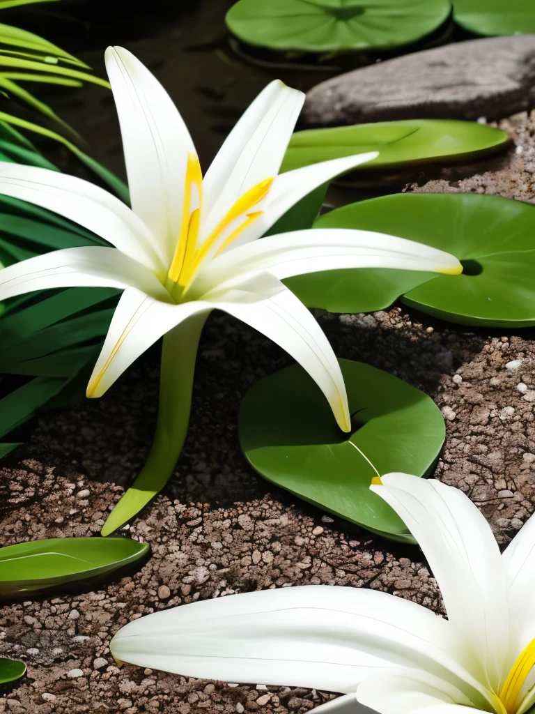 there are some white flowers in the water near some rocks, hymenocallis coronaria, spirited water plants, lily flowers, detailed white, white flowers, white lilies, flowers with very long petals, lillies, white flower, glowing veins of white, garis edelweiss, myth of narcissus, lily flower, aquatic plants, reflecting flower, david hardy