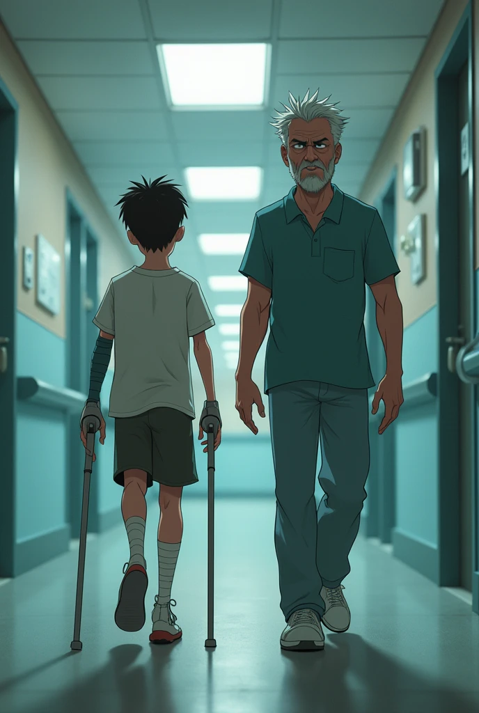 A thin twelve year old boy. He is very nervous looking introvert, skinny and weak. Bad at sports also a coward. He had broke his leg and is walking on crutches his father was next to him silent and angry because he was coward and fool. The background is hospital. The father is not that old