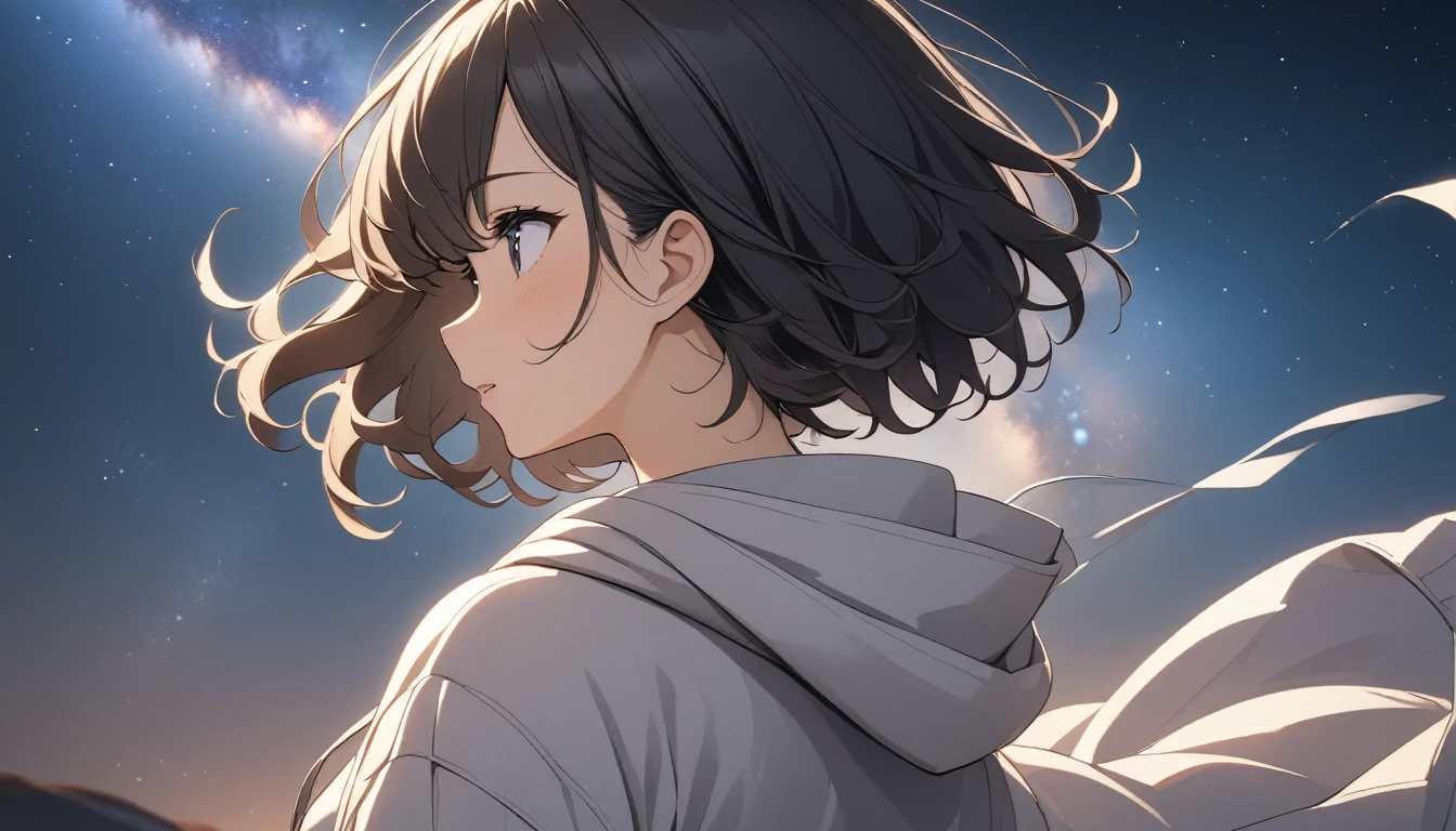 Starry Sky、milky way、One woman、Black Hair、Short Hair、Hair blowing in the wind、Wearing a hoodie、Back view、Upper Body、Low - Angle