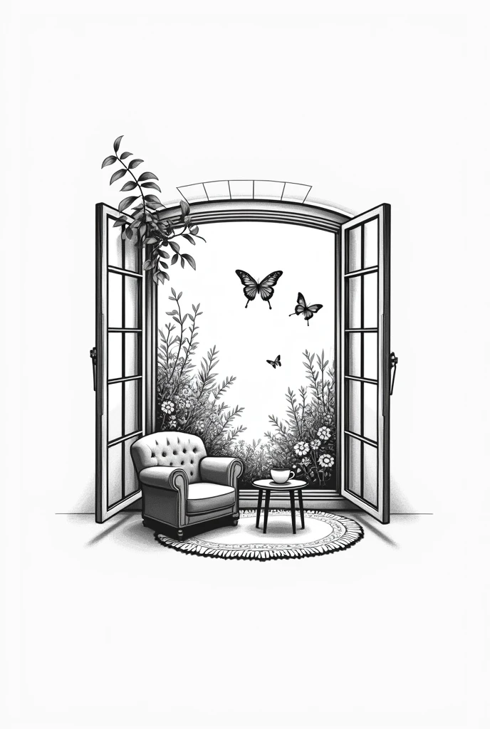 Create a minimalist black and white tattoo illustration of an open vintage window with a flower garden with butterflies outside and an armchair with a rug and a side table holding a cup of hot coffee inside. Simplify as much as possible.