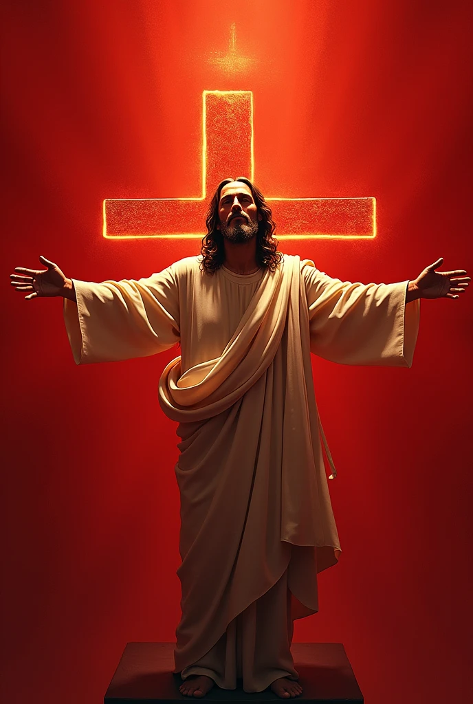 an art written “You are” in Portuguese with a red background, with Jesus with open arms drawn behind and a cross