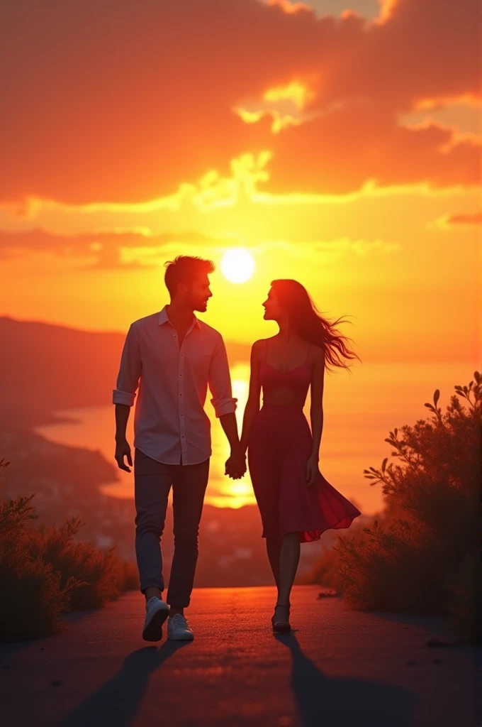2 people walking in the sunset with love song background