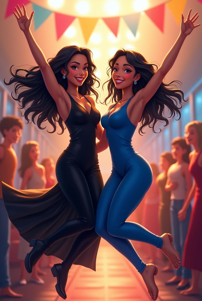 Irma's gemeas, long black hair, Caucasian skin, exuberant smile, with long black dress and long blue tank top jumpsuit, high jump up to, at a graduation party