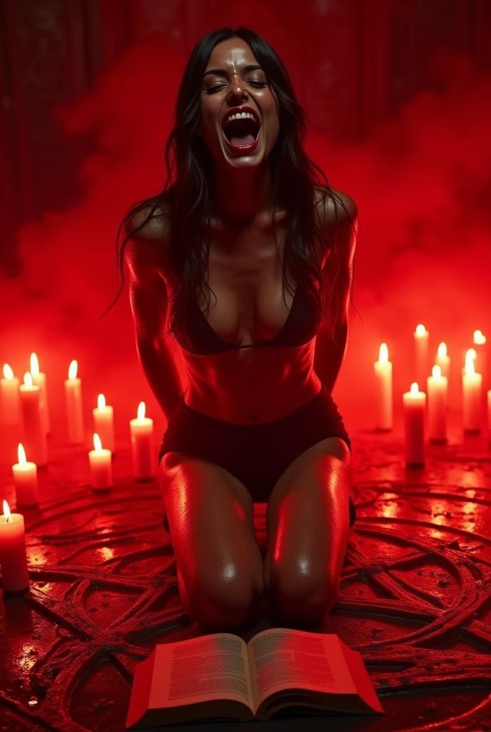 A sexy woman screaming kneeling in on a red pentagram surronded by candles. She is facing the viewer. There is an open book in front of her. Red light shines on her from above. Her hands are behind her back. Red lights reflects off her sweaty skin.