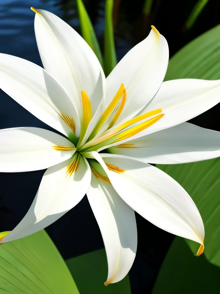 there are some white flowers in the water near some rocks, a digital rendering by Elizabeth Durack, pixabay, hurufiyya, hymenocallis coronaria, spirited water plants, lily flowers, detailed white, white flowers, white lilies, flowers with very long petals, lillies, white flower, glowing veins of white, garis edelweiss