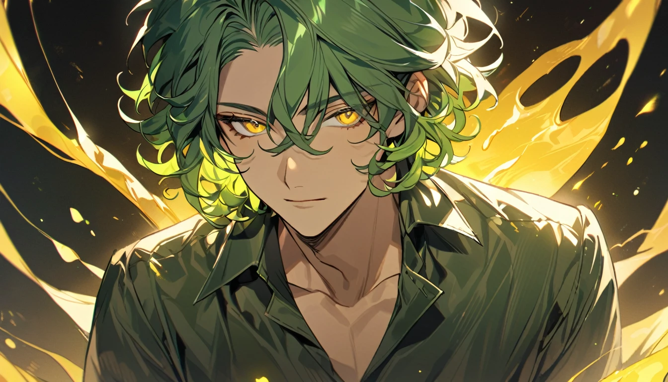 male, solo, handsome, yellow eyes, short hair, green hair, curly hair, yellow aura, green aura, luxury shirt