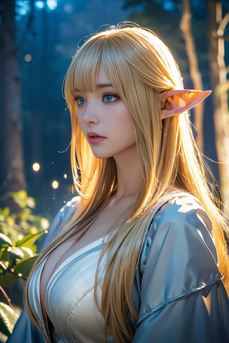 (8k, RAW photo, best quality, masterpiece:1.2), (realistic, photo-realistic:1.4), (extremely detailed 8k wallpaper), sharp focus, professional lighting, depth of field, cinematic lighting, (in dark forest), (midnight:1.5), By the bonfire, deep fog, (full body shot), 1girl, young,age18, model, beautiful detailed girl, pretty girl, beautiful girl, fashion model,elf girl, sitting on rocks, (stare into the distance:1.5), (large breasts), perfect body, slender body, good figure, narrow waist, long legs, slim, thigh, fair skin, shiny skin, extremely detailed skin, realistic skin, beautiful skin, double eyelid, beautiful face, detailed face, perfect face, Blue eyes, beautiful eyes, Lip Gloss, (blonde hair), long hair,straight hair,(swept bangs), jewelry,elves archer,gray goddes dress, nechlece, Scared,Anxiety and fear, The terror that comes from behind、Irresistible Fear、Terrifying Shadows、