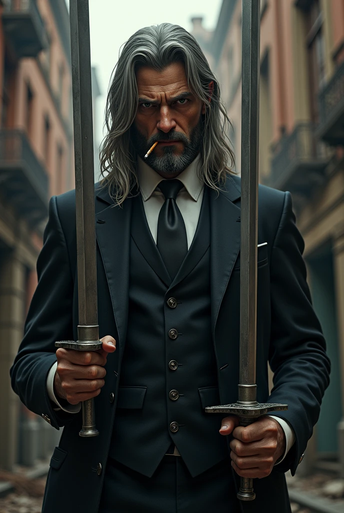 (photorealism:1.2), mafia swordsman, man in a suit holding two big swords in each hand,       
Ash-colored long hair, cigarette in mouth