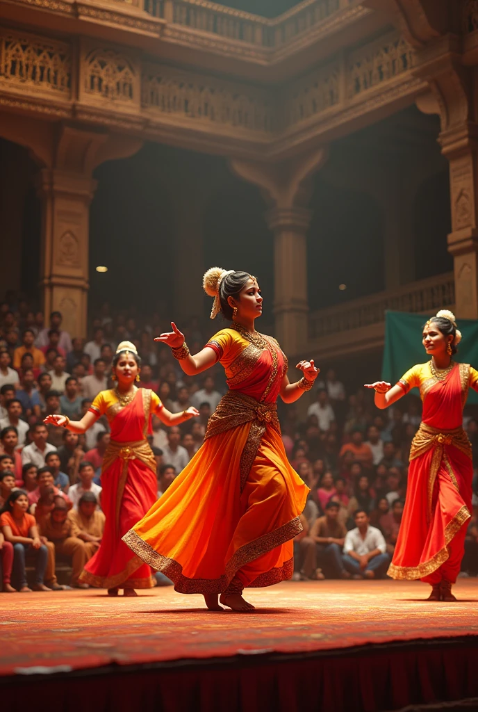 Create an image of a college stage filled with dancers The theme is Kerala cultural art and audience are watching them some authority people tensed whether the judges will like the performance