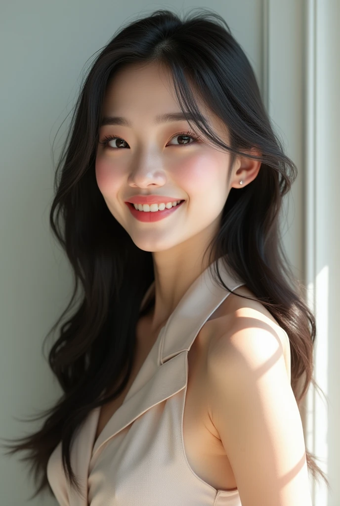 (photorealism:1.2), Girl 20 (face**: Asian, with delicate and well-defined features, including slanted eyes and smooth skin. - **Expression**: smiling, with a kind and warm smile that reflects her friendly and approachable personality. - **hair**: long, dark and straight, cascading down her shoulders.
- **CLOTHES**: elegant and modern, with a style that combines sophistication and a touch of femininity. You could wear a dress or a chic outfit that highlights your slim figure..
style:  realistic and detailed, capturing the natural beauty and elegance of the character) 
