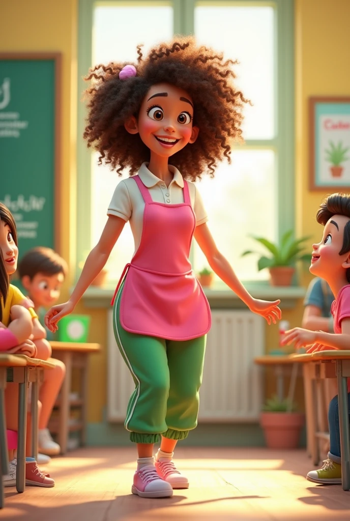 Create an animated teacher photo, with curly hair, by tez clara, with green sweatpants, white polo shirt and pink apron up to the chest 